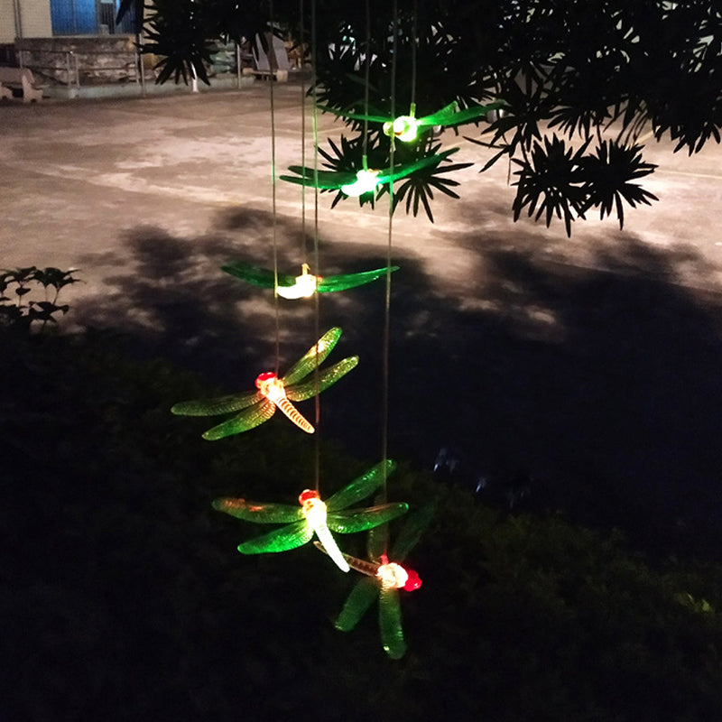 Decorative Dragonfly Ceiling Light Plastic Outdoor Solar Powered LED Pendant in Green, 2 Packs