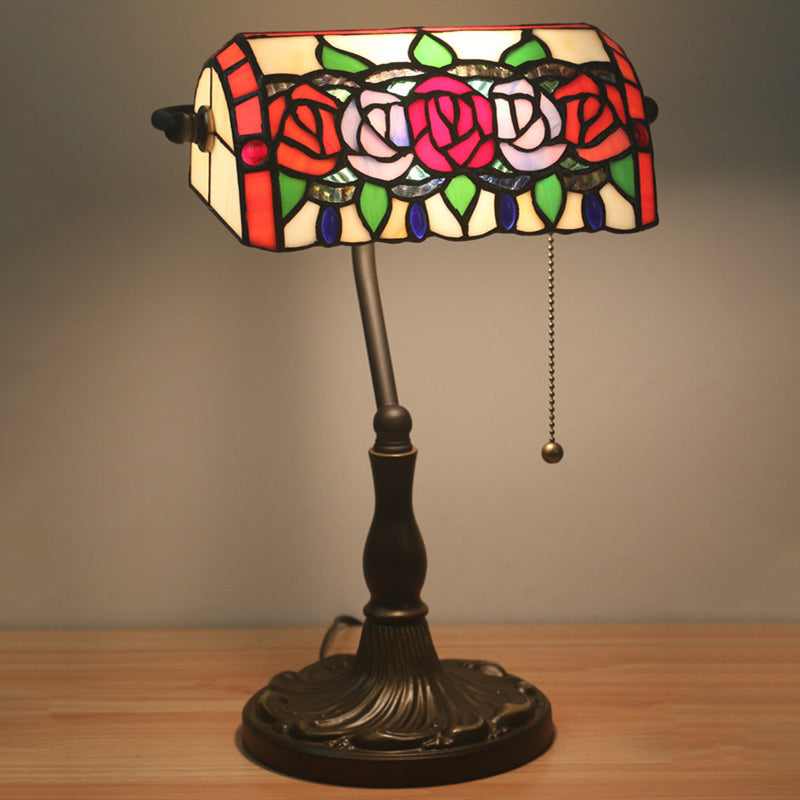 Rose Night Lighting 1-Light Stained Art Glass Mediterranean Desk Lamp in Bronze with Pull Chain
