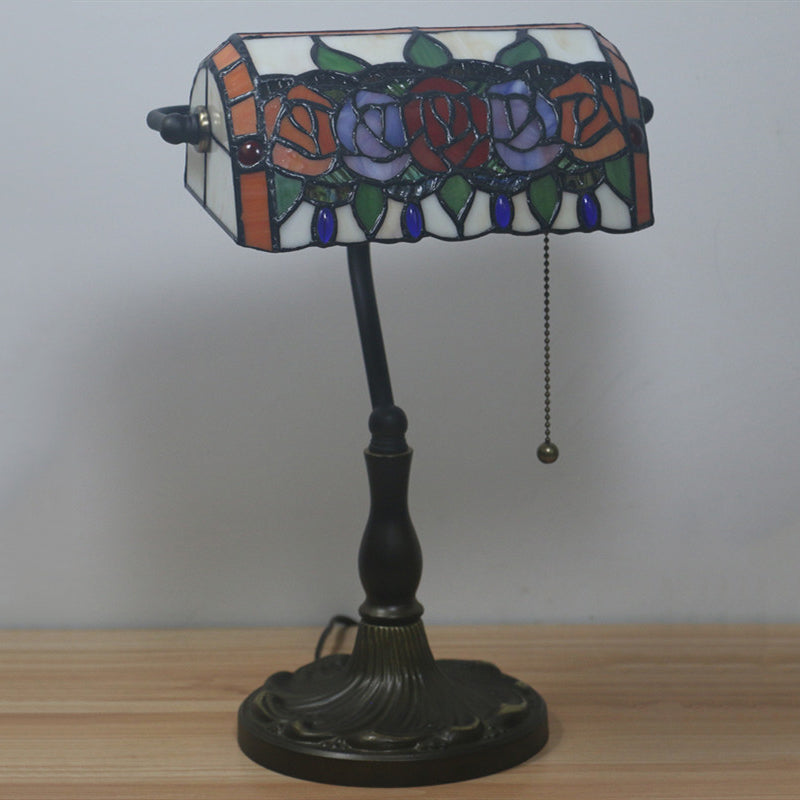 Rose Night Lighting 1-Light Stained Art Glass Mediterranean Desk Lamp in Bronze with Pull Chain