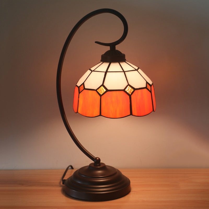 1 Head Grid Dome Night Table Lamp Baroque Orange/Blue/Yellow Cut Glass Task Lighting with Swirl Arm