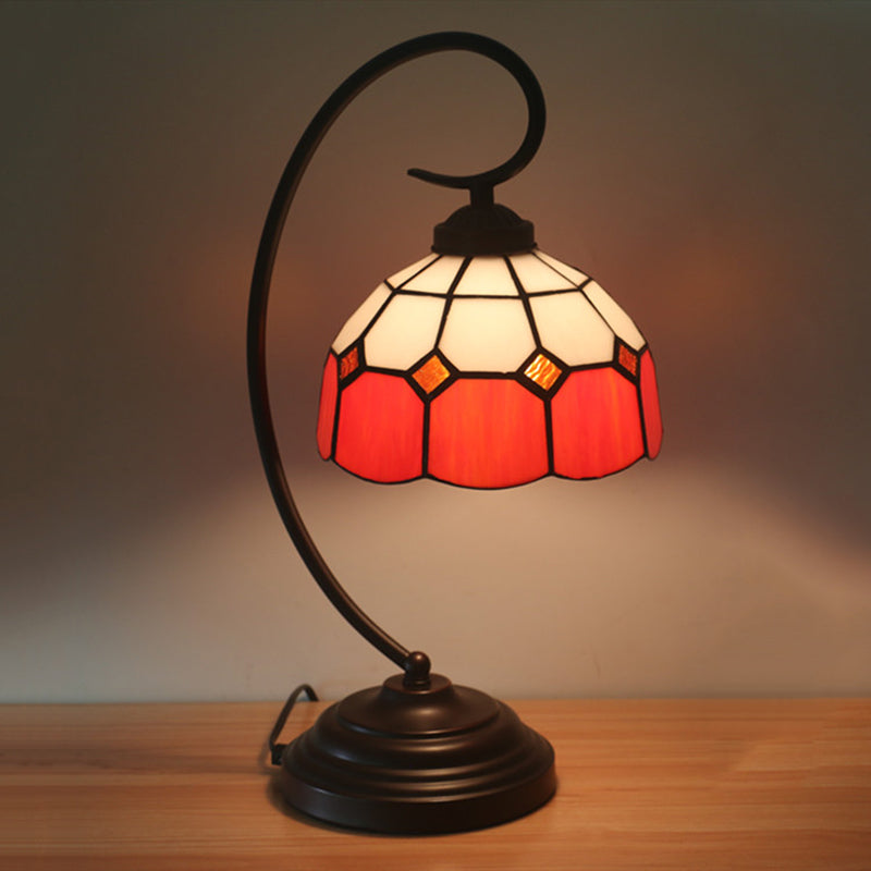 Domed Night Light Tiffany Hand Cut Glass 1 Head Red/Pink Grid Patterned Nightstand Lamp with Curved Arm