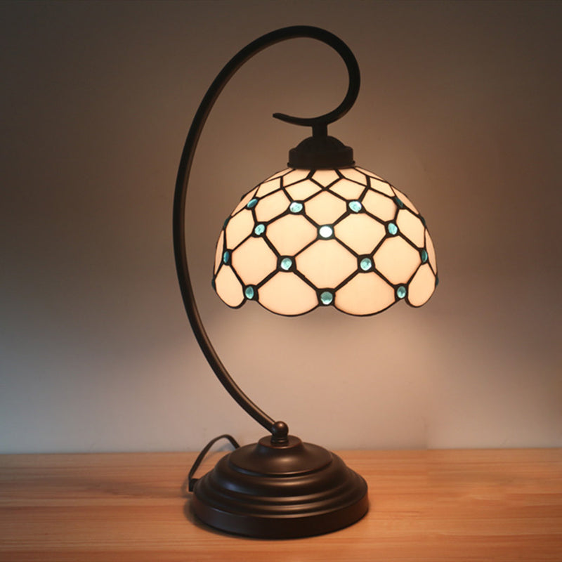 Bronze Bowl Night Table Lamp Tiffany 1 Head Beige/White Glass Clear/Blue/Green Beaded Patterned Desk Light with Swirl Arm