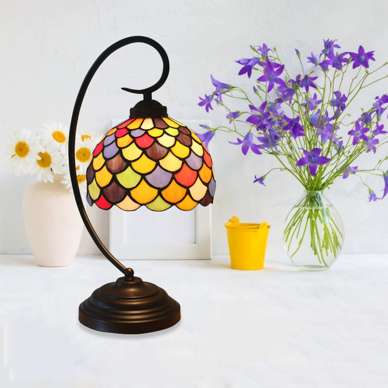 Domed Nightstand Lighting 1 Light Stained Glass Victorian Fishscale Patterned Task Lamp in Dark Coffee with Curved Arm