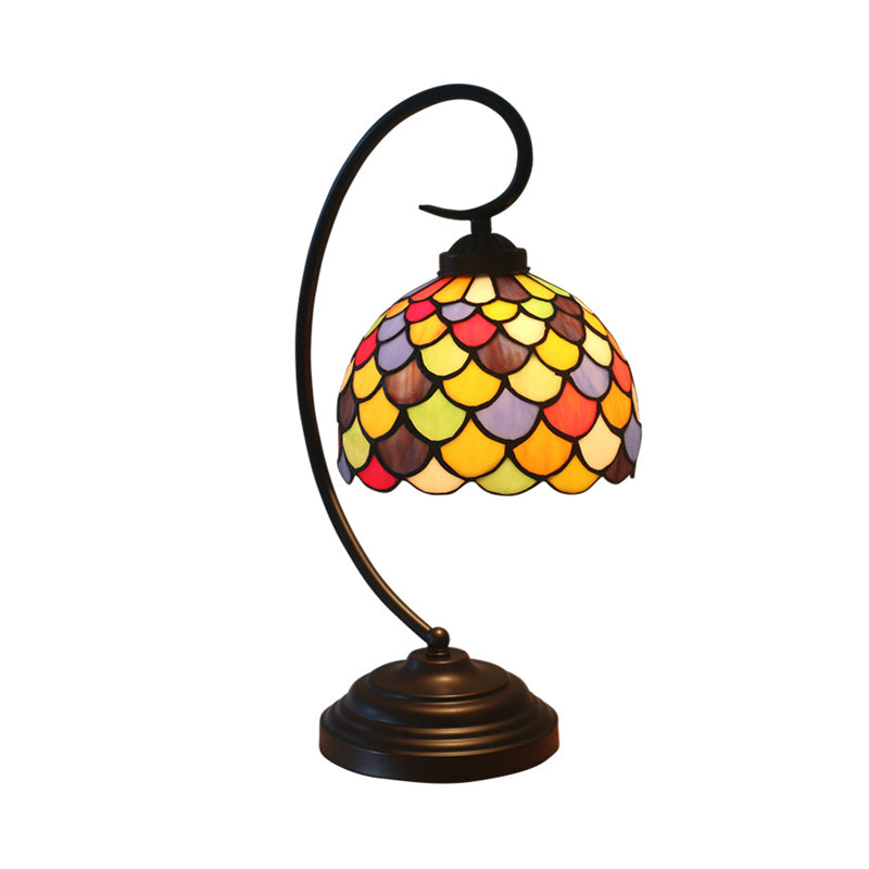 Domed Nightstand Lighting 1 Light Stained Glass Victorian Fishscale Patterned Task Lamp in Dark Coffee with Curved Arm