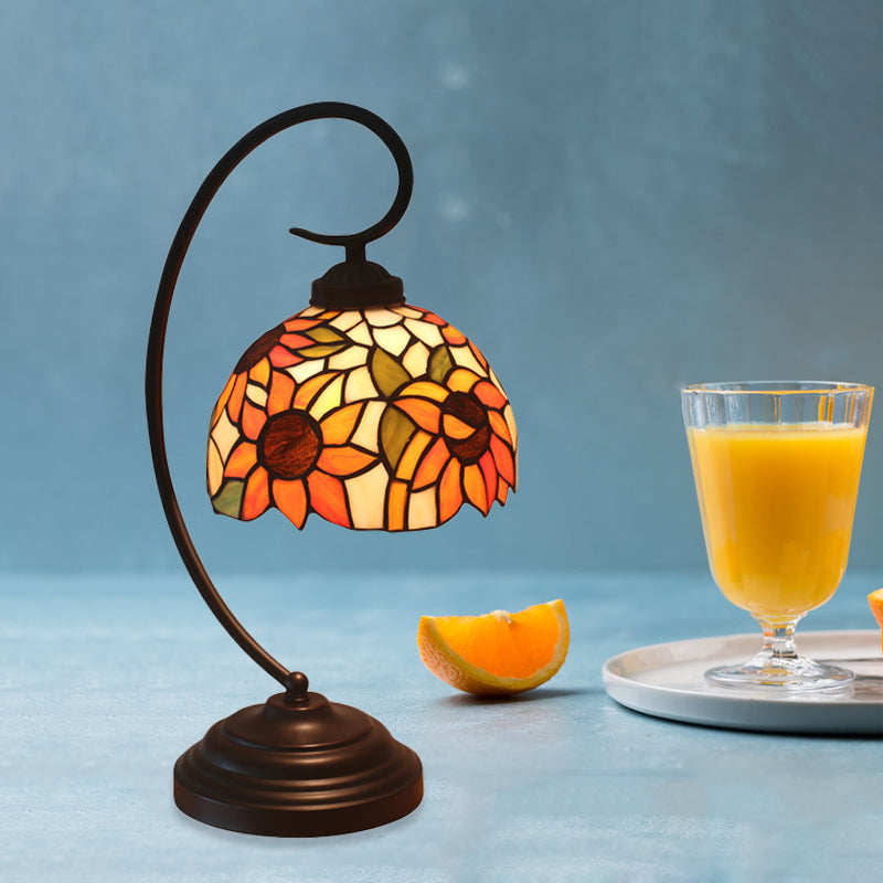 1 Bulb Night Lamp Mediterranean Sunflower Stained Glass Nightstand Light in Dark Coffee with Swirl Arm