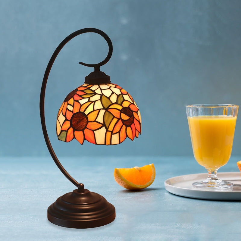 1 bol nachtlamp Mediterrane, zonnebloem gekleurd glas nachtkastje licht in donkere koffie met werveldarm