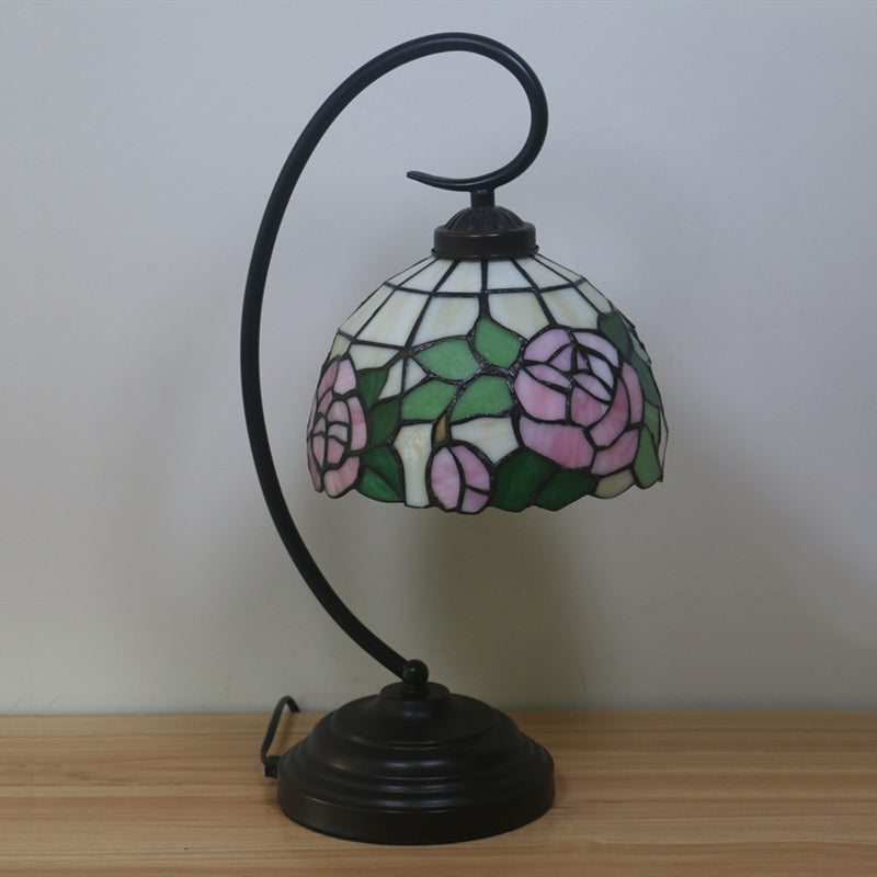 Bronze Curvy Night Light Baroque 1 Head Metal Red/Pink Rose/Tulip Patterned Desk Lighting with Bowl Cut Glass Shade