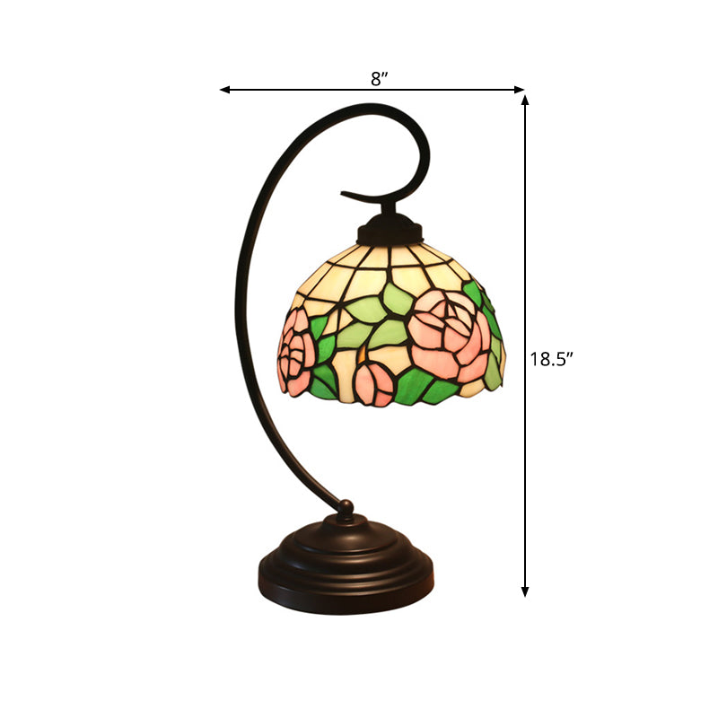 Bronze Curvy Night Light Baroque 1 Head Metal Red/Pink Rose/Tulip Patterned Desk Lighting with Bowl Cut Glass Shade