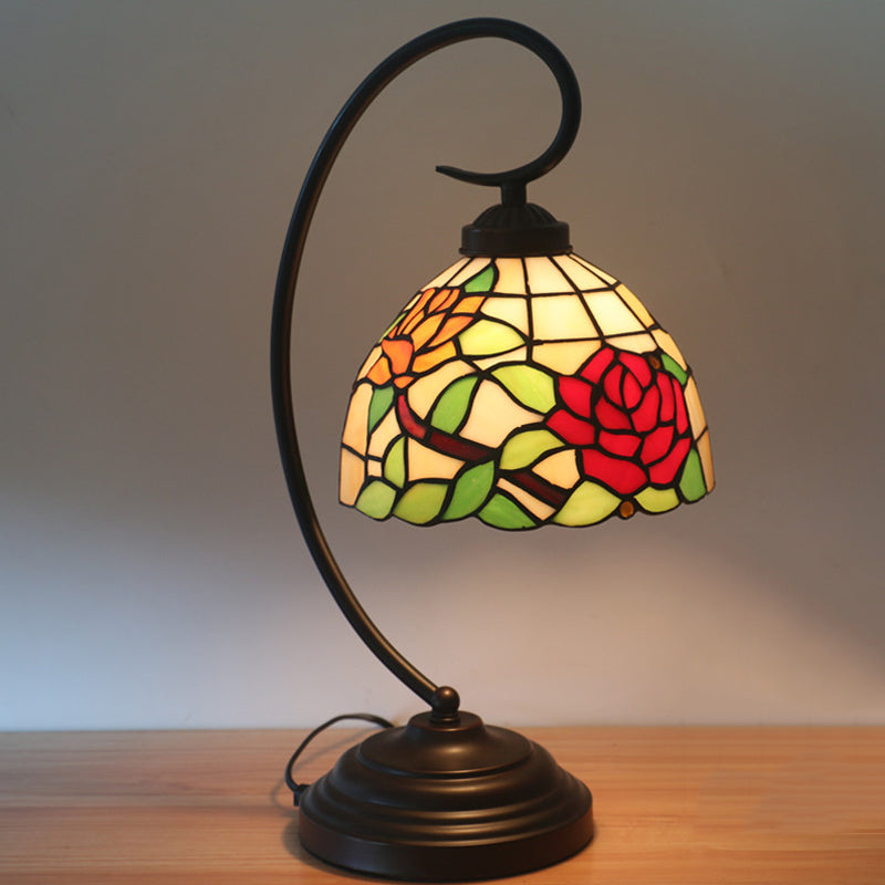 Bronze Curvy Night Light Baroque 1 Head Metal Red/Pink Rose/Tulip Patterned Desk Lighting with Bowl Cut Glass Shade