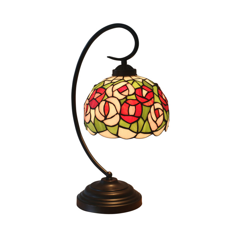 1-Light Bedroom Night Light Baroque Dark Coffee Flower Patterned Desk Lamp with Dome Stained Glass Shade