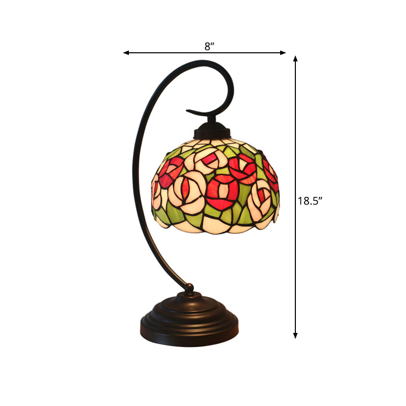 1-Light Bedroom Night Light Baroque Dark Coffee Flower Patterned Desk Lamp with Dome Stained Glass Shade