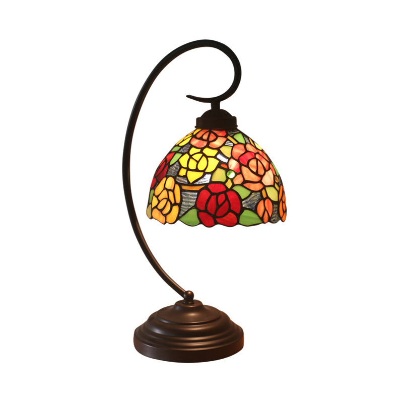 Rose Patterned Night Lamp 1-Head Stained Art Glass Victorian Nightstand Light in Dark Coffee with Swirl Arm