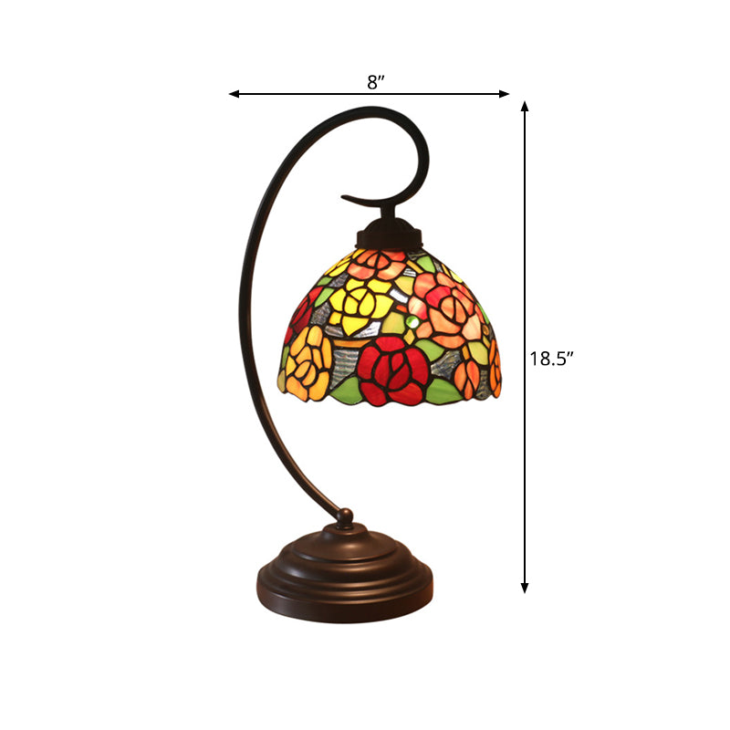 Rose Patterned Night Lamp 1-Head Stained Art Glass Victorian Nightstand Light in Dark Coffee with Swirl Arm