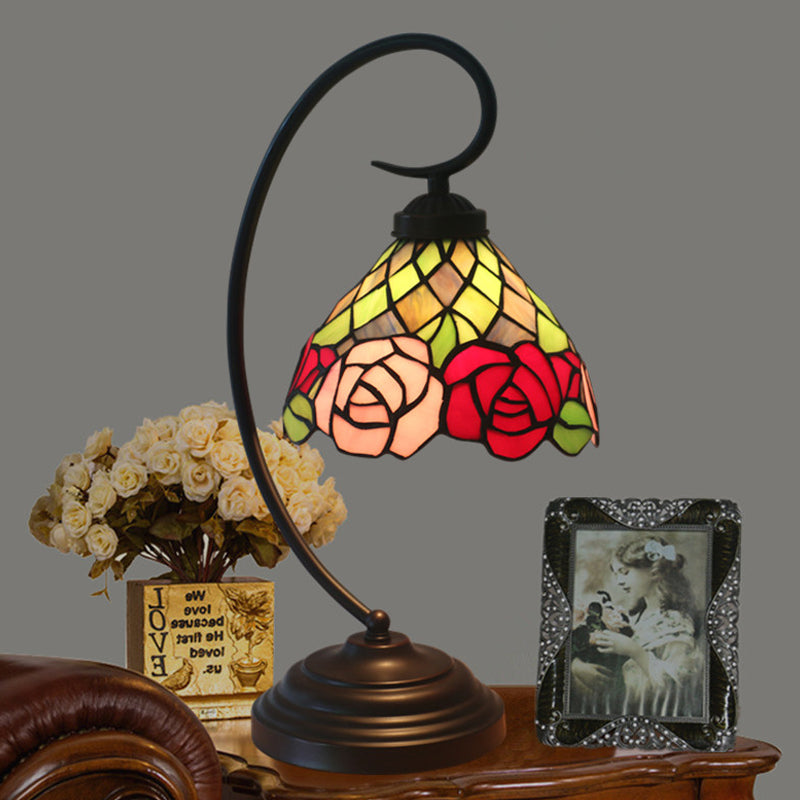 Victorian Bowl Table Lamp 1 Head Stained Art Glass Rose Patterned Desk Lamp in Dark Coffee
