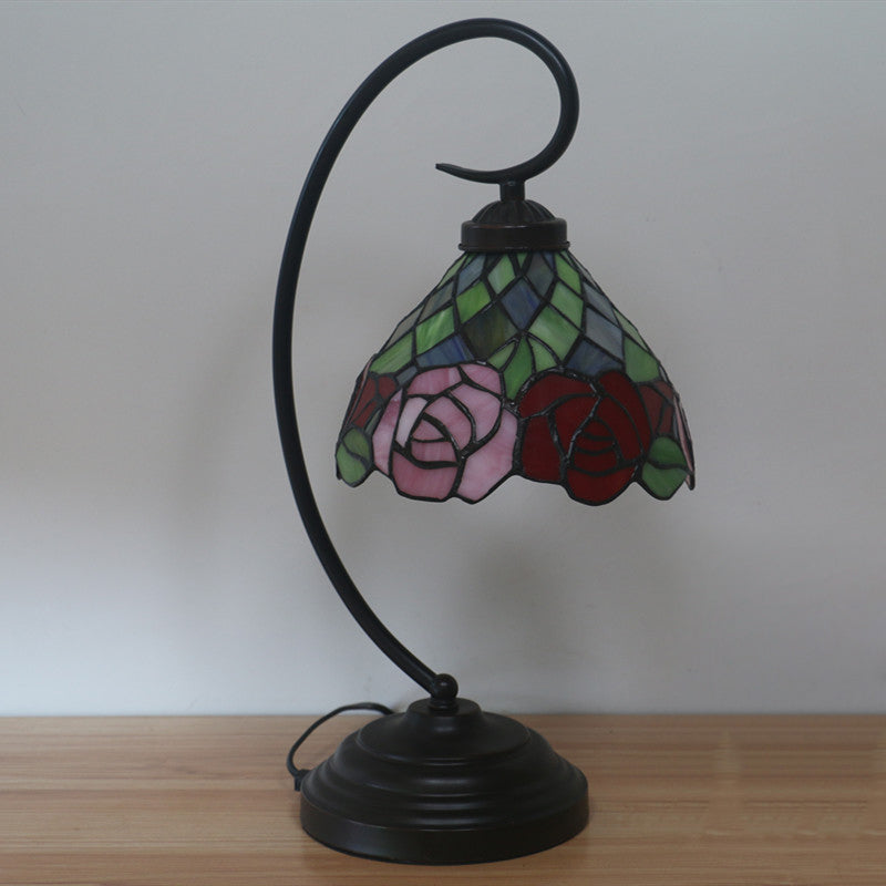 Victorian Bowl Table Lamp 1 Head Stained Art Glass Rose Patterned Desk Lamp in Dark Coffee