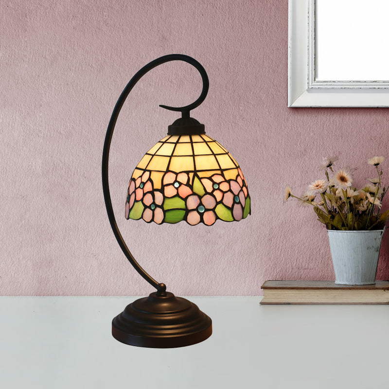 Pink/Orange 1-Head Desk Light Tiffany Hand Cut Glass Bowl Shape Night Table Lamp with Blossom Pattern for Bedroom