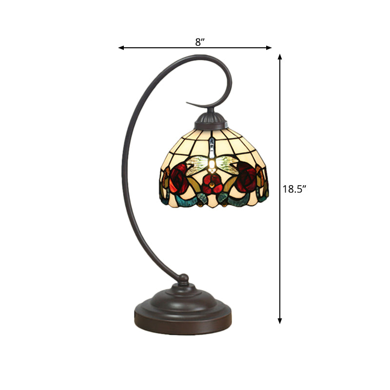 1 Bulb Dome Shaped Night Table Light Tiffany Dark Coffee Stained Glass Nightstand Lamp with Butterfly and Flower Pattern