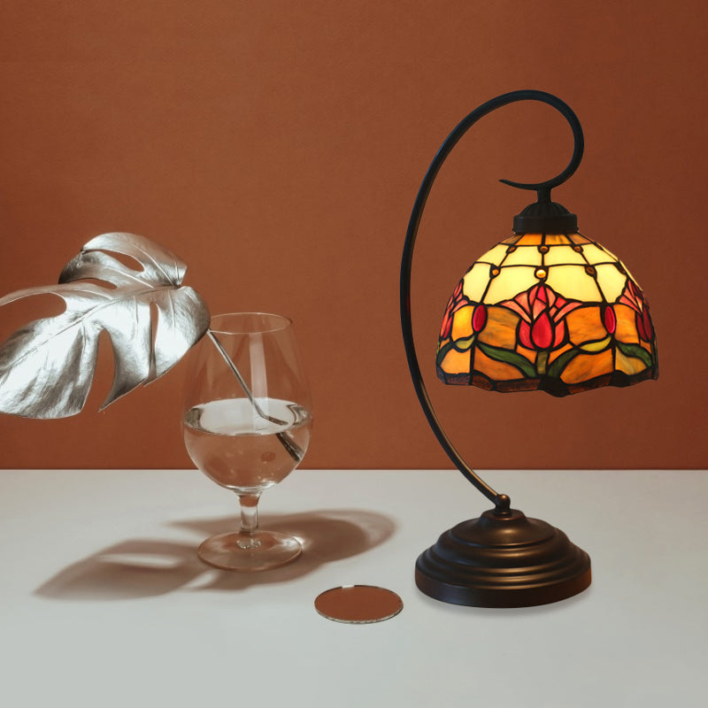 1-Bulb Domed Table Lighting Baroque Red/Pink/Brown Cut Glass Rose/Tulip Patterned Nightstand Lamp with Curvy Arm