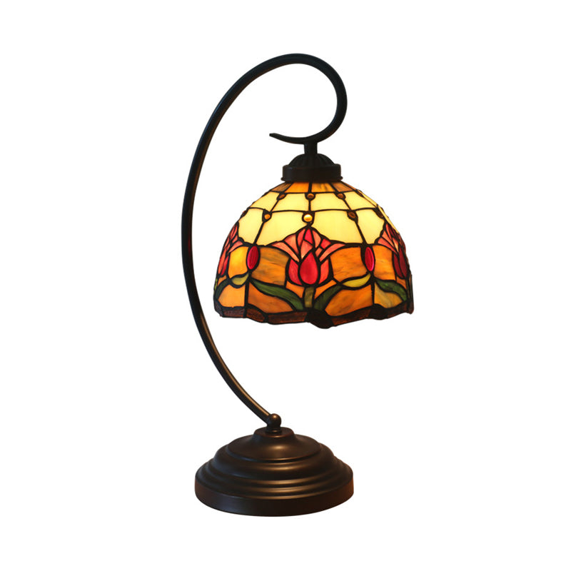 1-Bulb Domed Table Lighting Baroque Red/Pink/Brown Cut Glass Rose/Tulip Patterned Nightstand Lamp with Curvy Arm