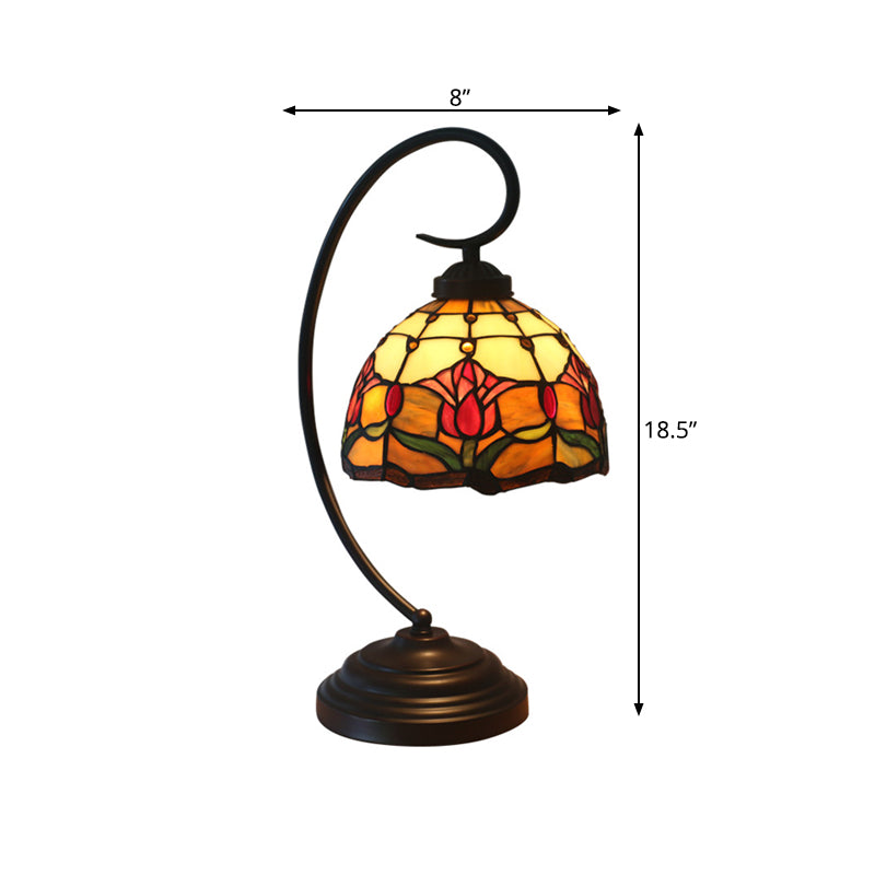 1-Bulb Domed Table Lighting Baroque Red/Pink/Brown Cut Glass Rose/Tulip Patterned Nightstand Lamp with Curvy Arm