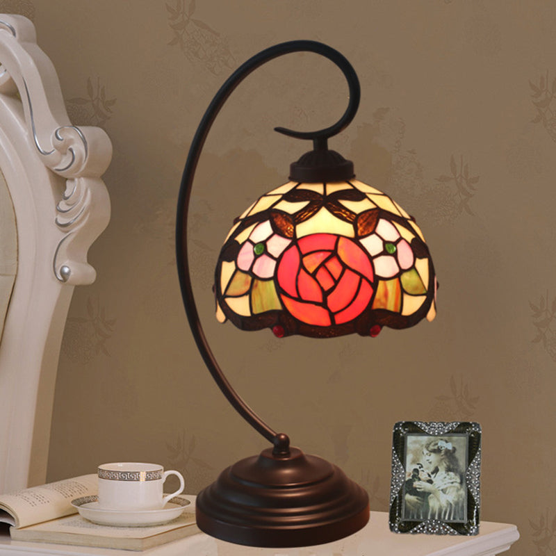 1-Bulb Domed Table Lighting Baroque Red/Pink/Brown Cut Glass Rose/Tulip Patterned Nightstand Lamp with Curvy Arm