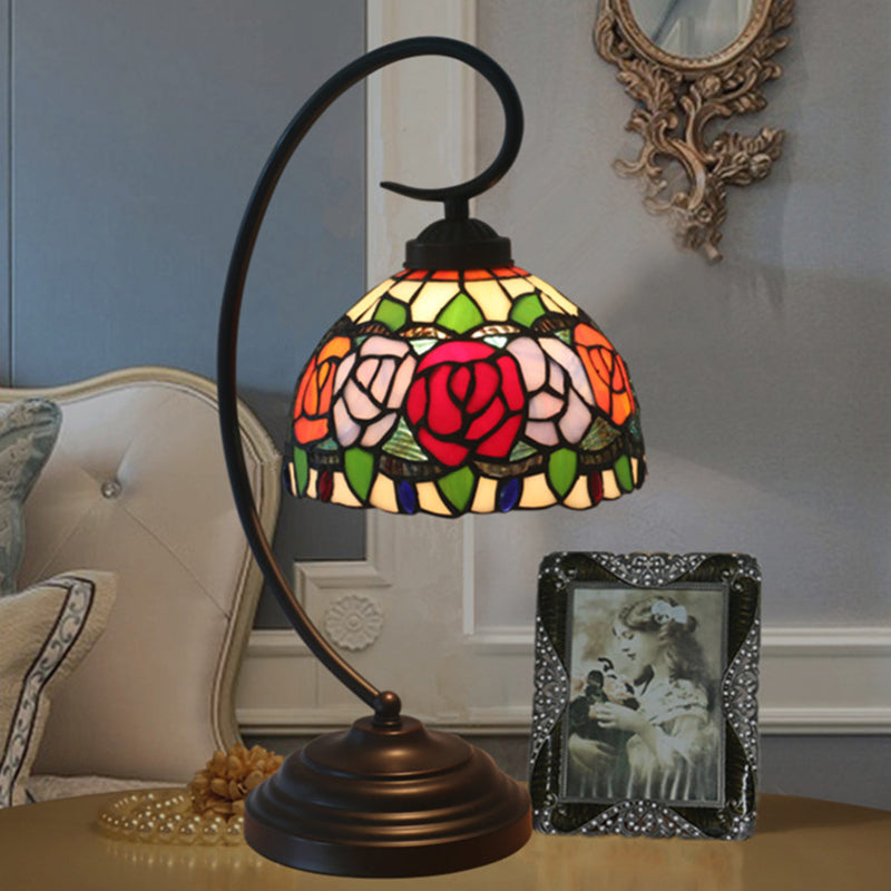 1-Bulb Domed Table Lighting Baroque Red/Pink/Brown Cut Glass Rose/Tulip Patterned Nightstand Lamp with Curvy Arm