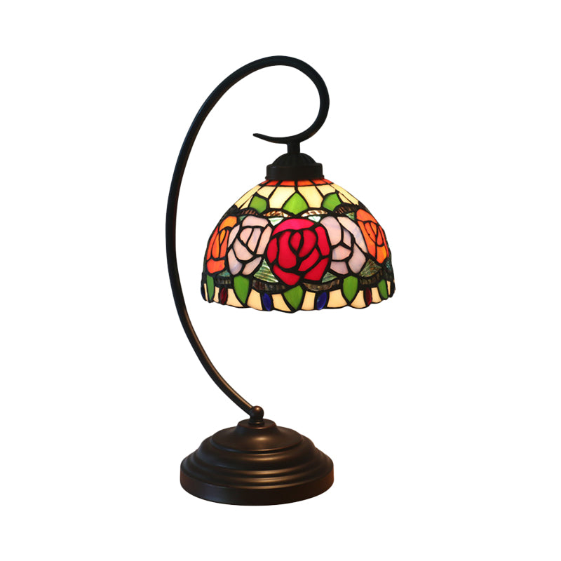 1-Bulb Domed Table Lighting Baroque Red/Pink/Brown Cut Glass Rose/Tulip Patterned Nightstand Lamp with Curvy Arm