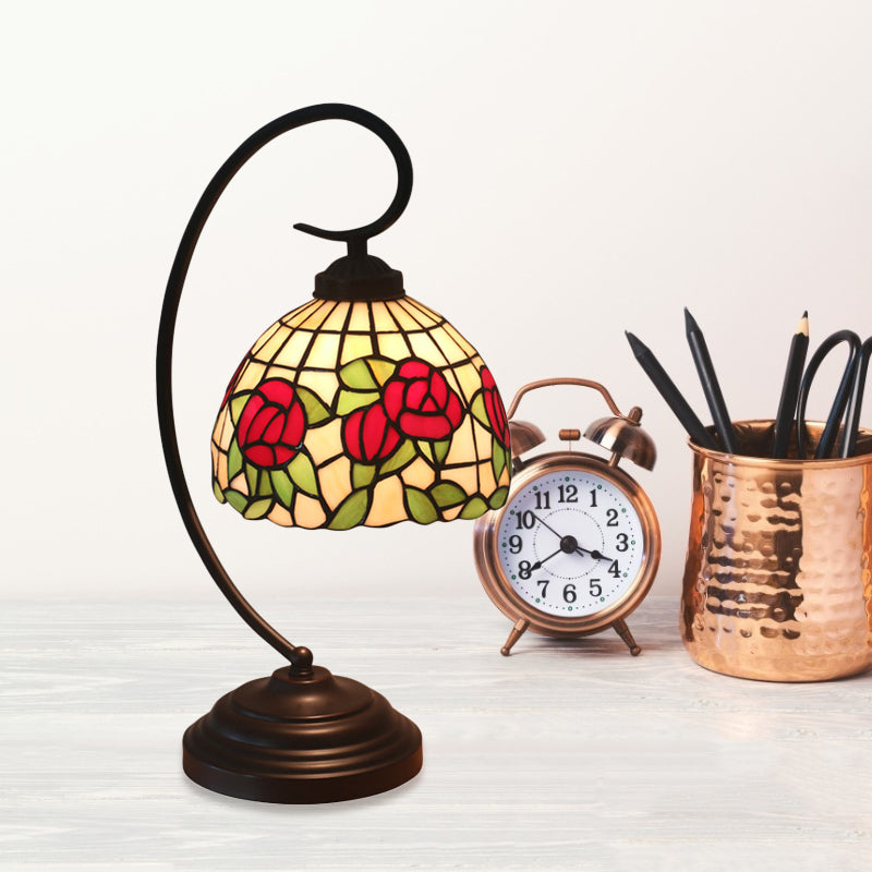 1-Bulb Domed Table Lighting Baroque Red/Pink/Brown Cut Glass Rose/Tulip Patterned Nightstand Lamp with Curvy Arm