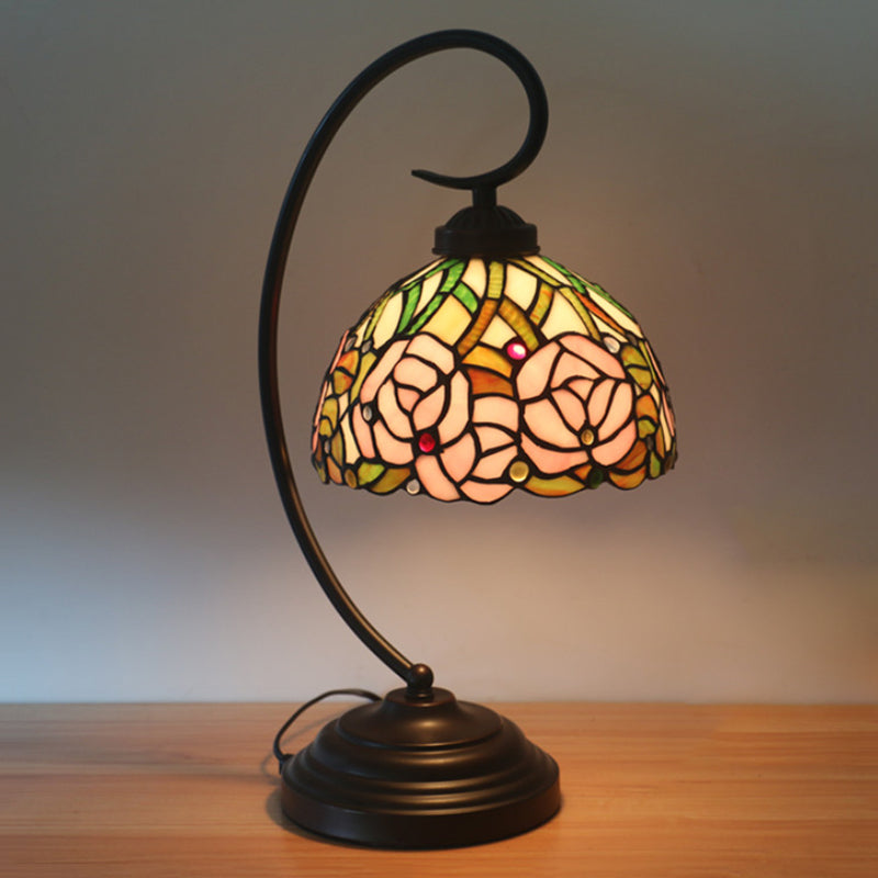 Dome Shape Cut Glass Table Lamp Tiffany 1-Bulb Black/White Finish Rose Patterned Night Lighting