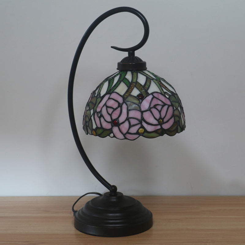 Dome Shape Cut Glass Table Lamp Tiffany 1-Bulb Black/White Finish Rose Patterned Night Lighting