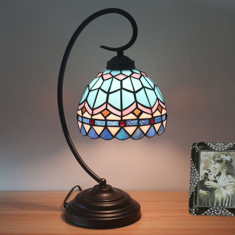 Yellow/Blue Domed Nightstand Lamp Tiffany Style 1-Light Stained Art Glass Task Lighting with Curvy Arm