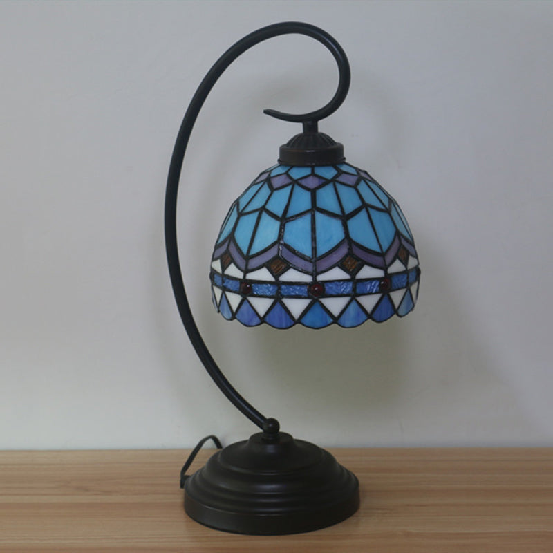 Yellow/Blue Domed Nightstand Lamp Tiffany Style 1-Light Stained Art Glass Task Lighting with Curvy Arm