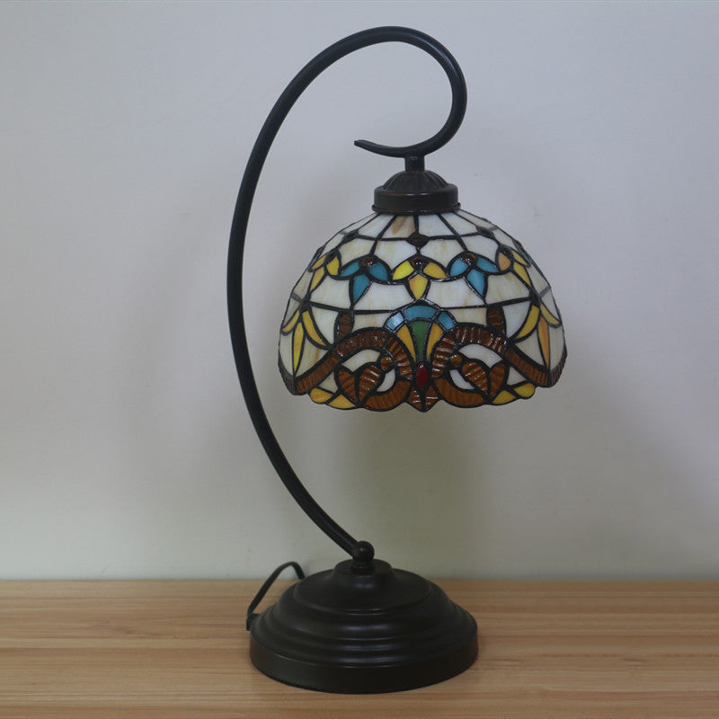 Yellow/Blue Domed Nightstand Lamp Tiffany Style 1-Light Stained Art Glass Task Lighting with Curvy Arm