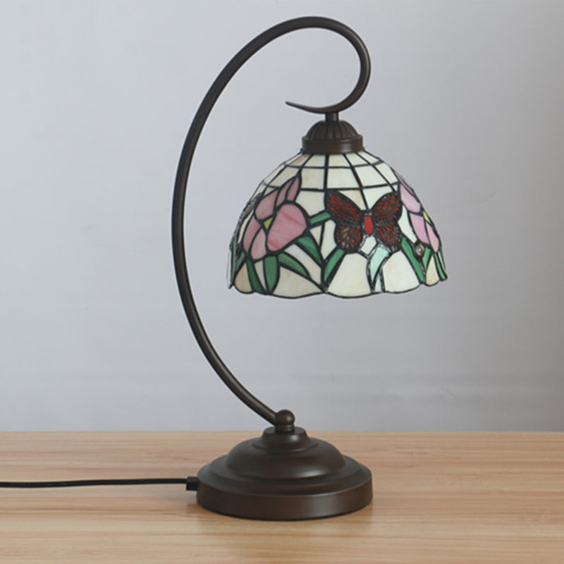 Victorian Bowl Nightstand Lighting 1 Light Stained Glass Pink/Purple Flower Patterned Task Light with Swirl Arm