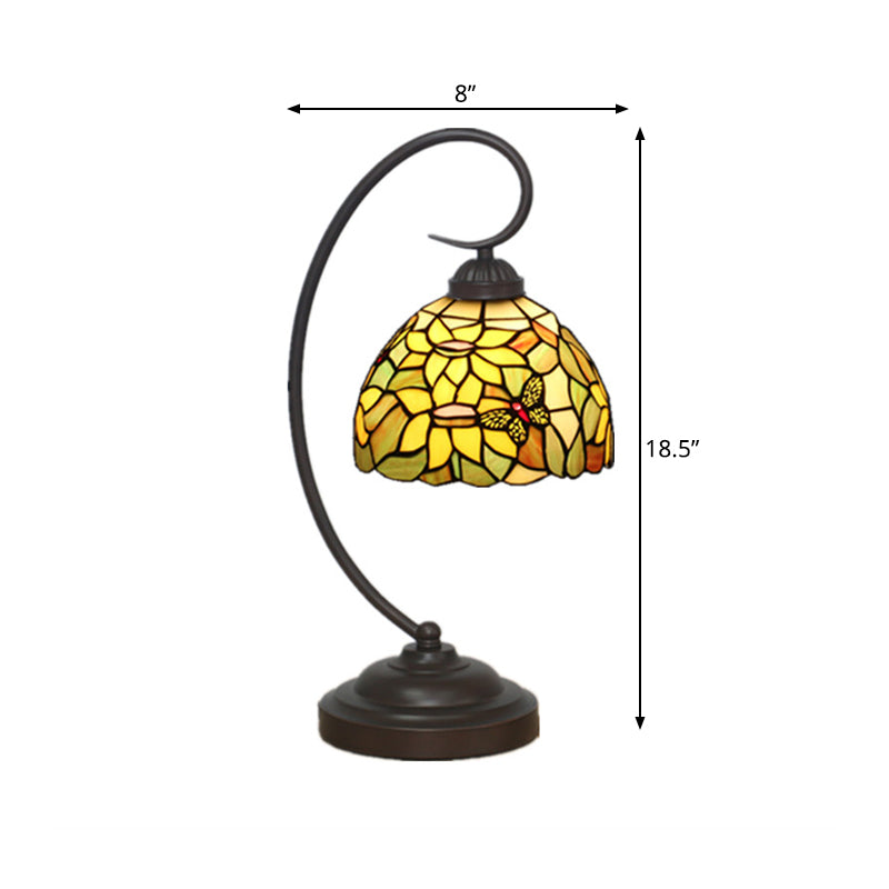 Red/Yellow 1 Light Night Table Lamp Tiffany Hand Cut Glass Domed Blossom Patterned Desk Lighting for Bedroom