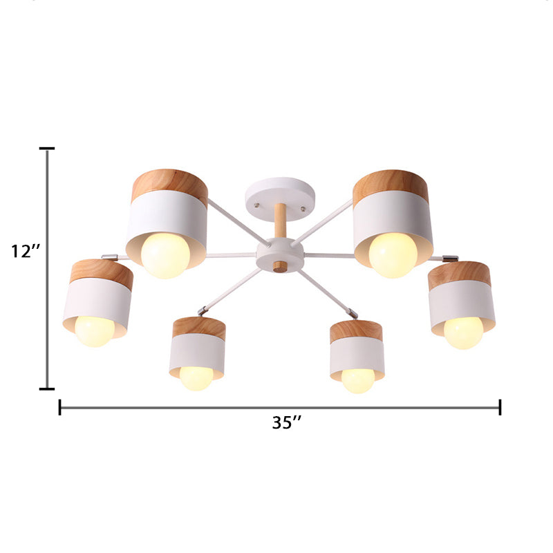 White Finish 6 Bulbs Ceiling Mount Chandelier Nordic Wood and Metal Cylinder Semi Flush Pendant Light