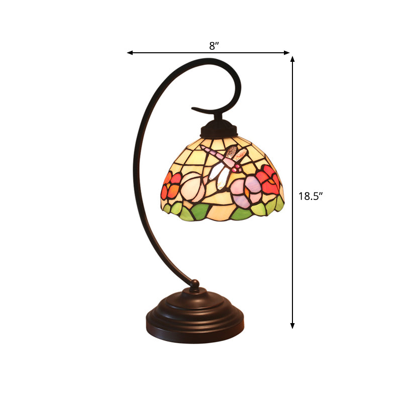 Domed Night Table Lighting Mediterranean Cut Glass 1 Head Dark Coffee Dragonfly and Flower Patterned Desk Light