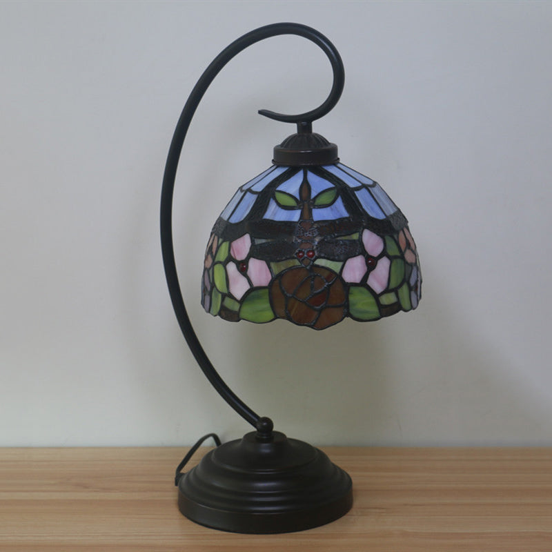 Stained Glass Dome Shade Desk Lamp Tiffany Style 1 Head Beige/Blue Dragonfly Patterned Table Lighting with Swirl Arm