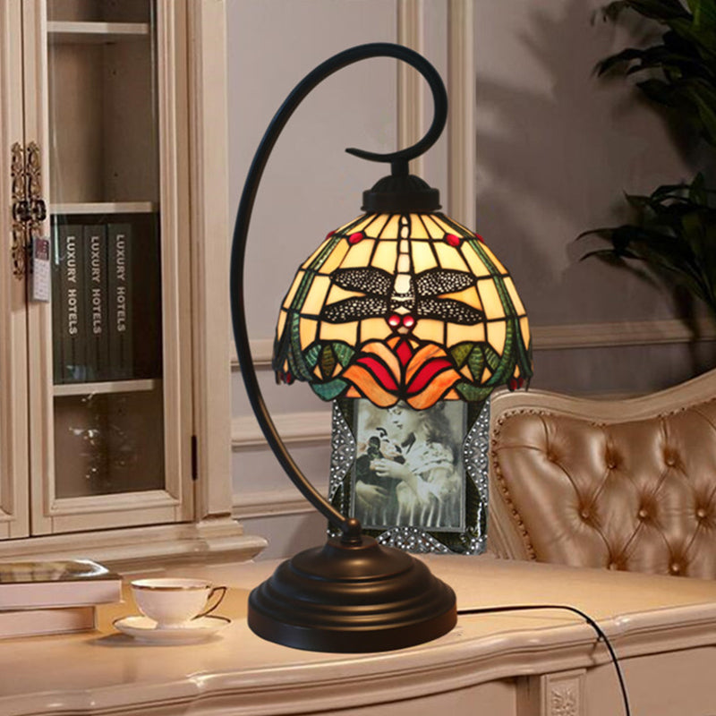 Stained Glass Dome Shade Desk Lamp Tiffany Style 1 Head Beige/Blue Dragonfly Patterned Table Lighting with Swirl Arm