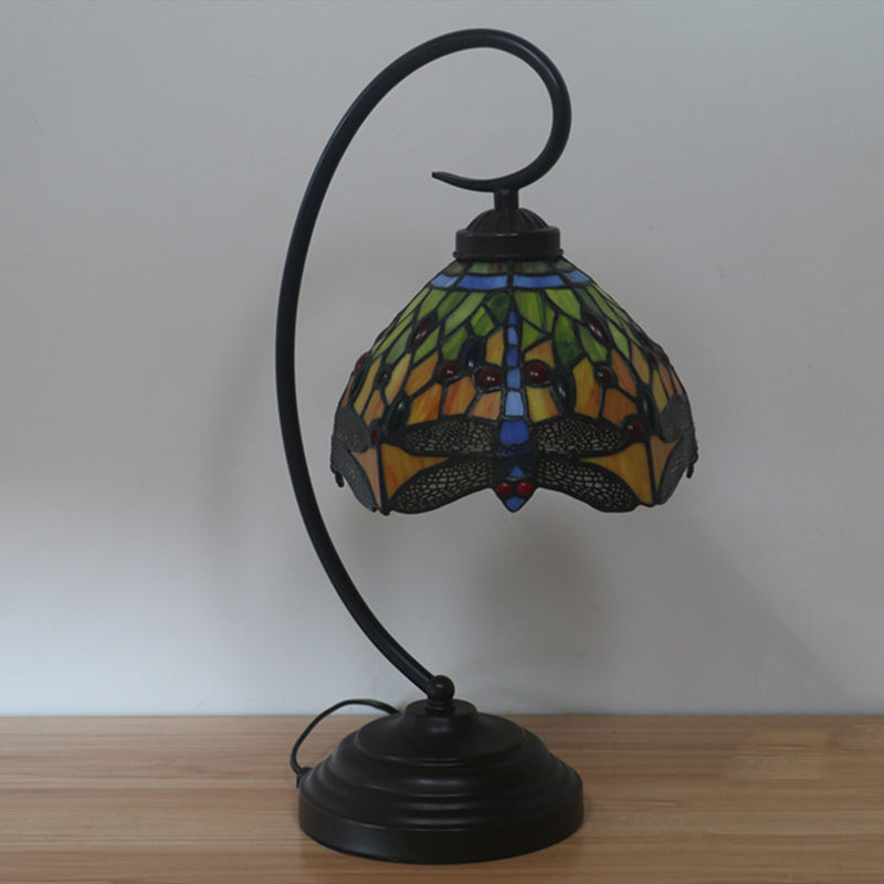 Dragonfly Schnitt Glasschreibtisch Beleuchtung Victorian 1 hellorange/grüne Nachtlampe mit gebogenem Arm für Schlafzimmer