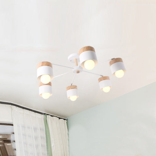 White Finish 6 Bulbs Ceiling Mount Chandelier Nordic Wood and Metal Cylinder Semi Flush Pendant Light