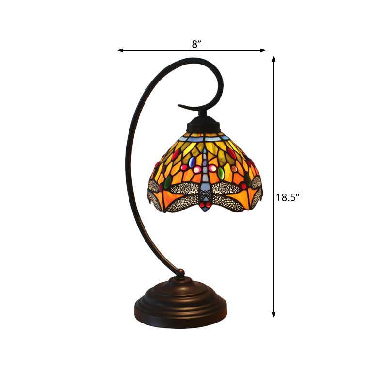 Dragonfly Cut Glass Desk Lighting Victorian 1 Light Orange/Green Night Lamp with Curved Arm for Bedroom