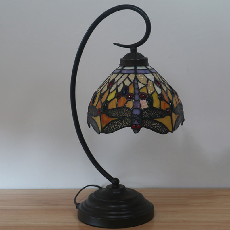 Dragonfly Cut Glass Desk Lighting Victorian 1 Light Orange/Green Night Lamp with Curved Arm for Bedroom