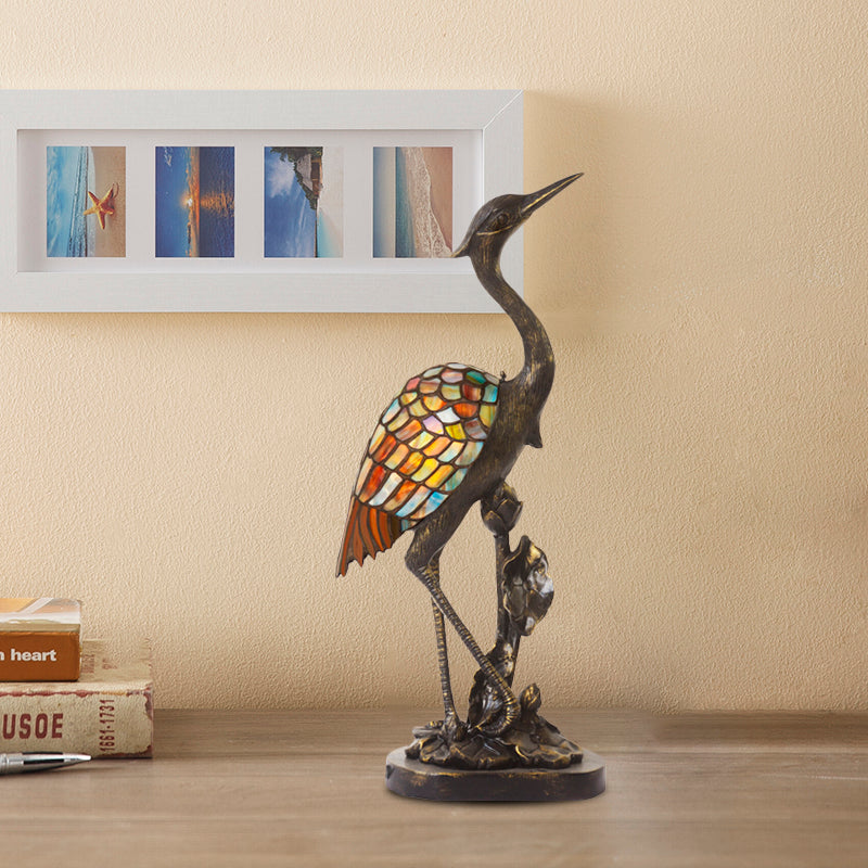 1 Light Table Lighting Tiffany Crane Shape Stained Glass Plug-In Night Lamp in Bronze with Resin Base