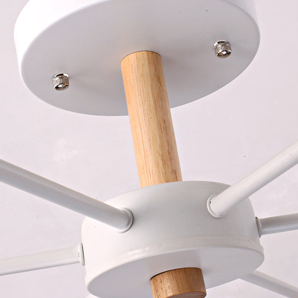 White Finish 6 Bulbs Ceiling Mount Chandelier Nordic Wood and Metal Cylinder Semi Flush Pendant Light