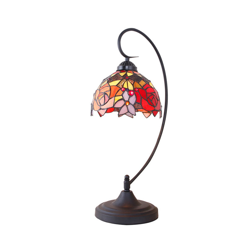 Domed Nightstand Lighting 1 Head Hand Cut Glass Mediterranean Petal Patterned Table Lamp in Black for Bedside