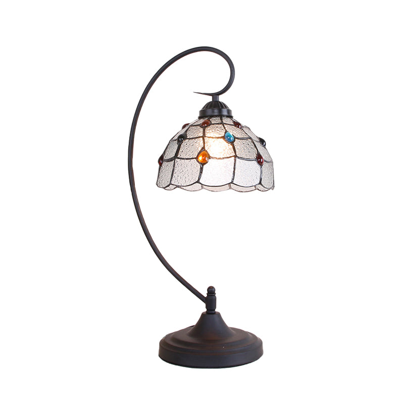 Beige/White and Silver Glass Black Night Lamp Lattice Bowl 1 Head Victorian Nightstand Light with Curvy Arm