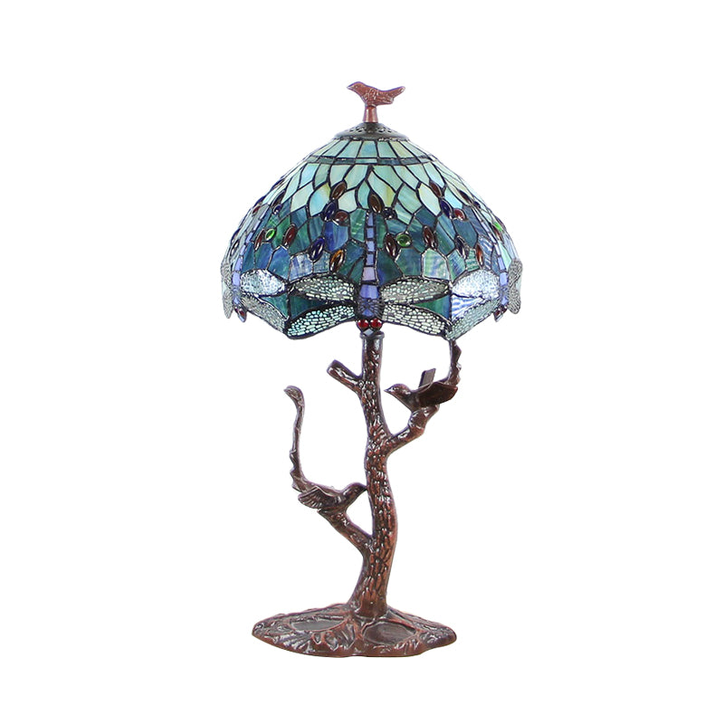 Dragonfly Stained Art Glass Night Light Victorian 1 Head Coffee Nightstand Lamp with Domed Shade and Bird Deco