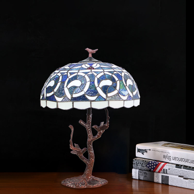 Bowl Shaped Night Lighting 1-Light Cut Glass Mediterranean Table Light in Coffee with Tree Design