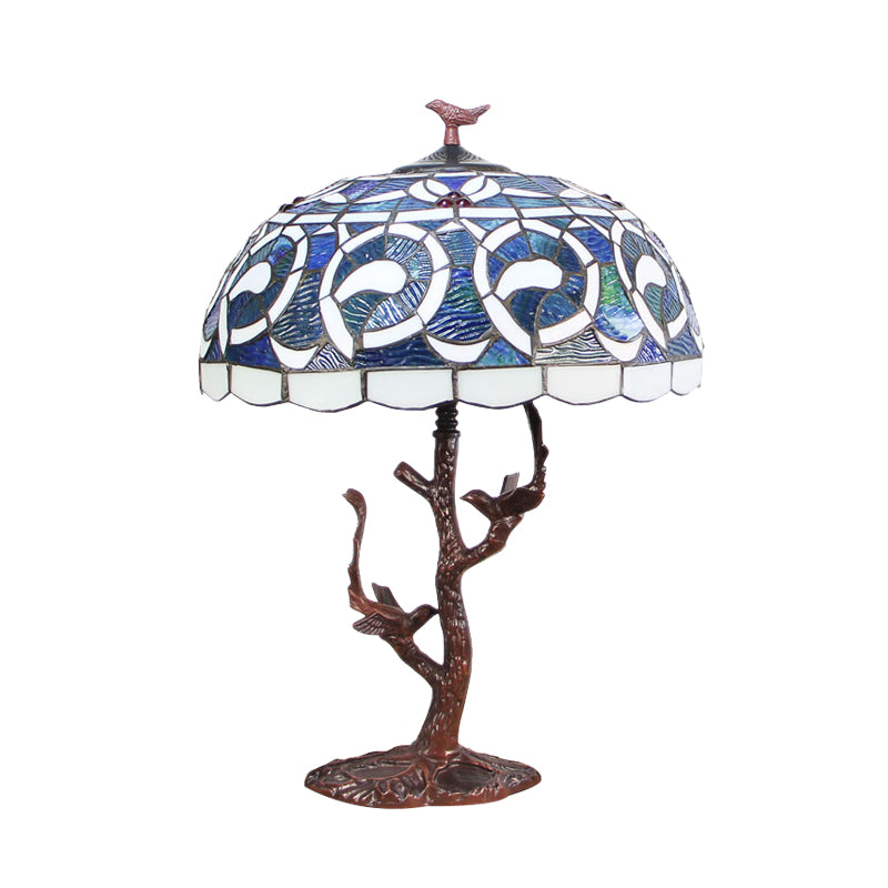 Bowl Shaped Night Lighting 1-Light Cut Glass Mediterranean Table Light in Coffee with Tree Design